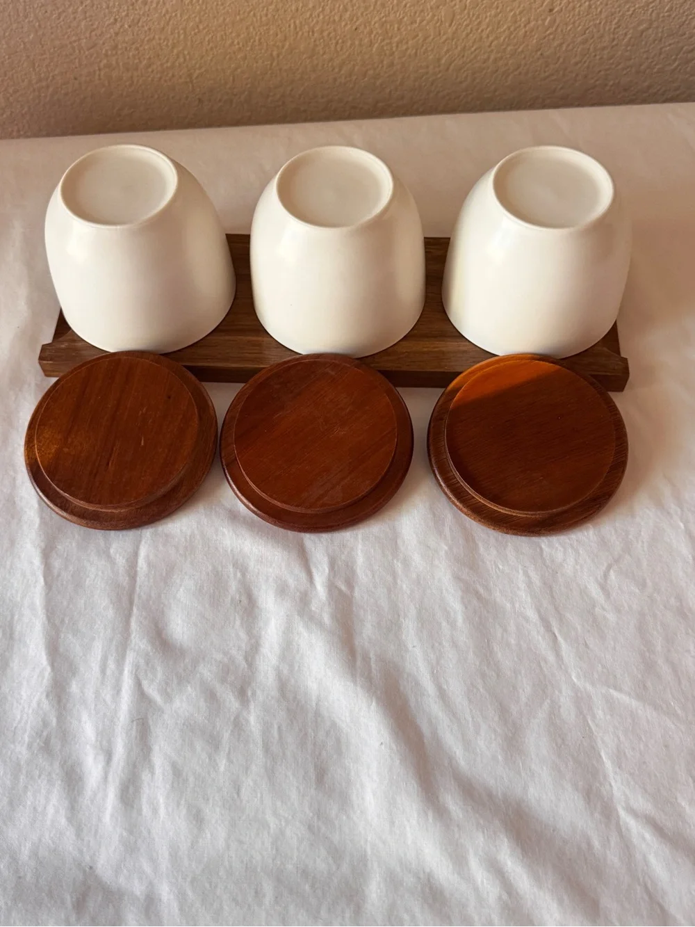 White Ceramic Condiment Trio with Wooden Lids and Tray